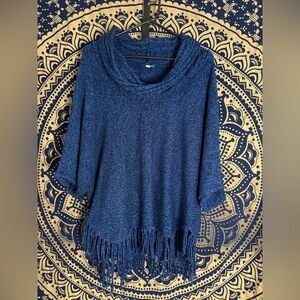 Elegant Navy Cowl Neck Sweater with Fringe